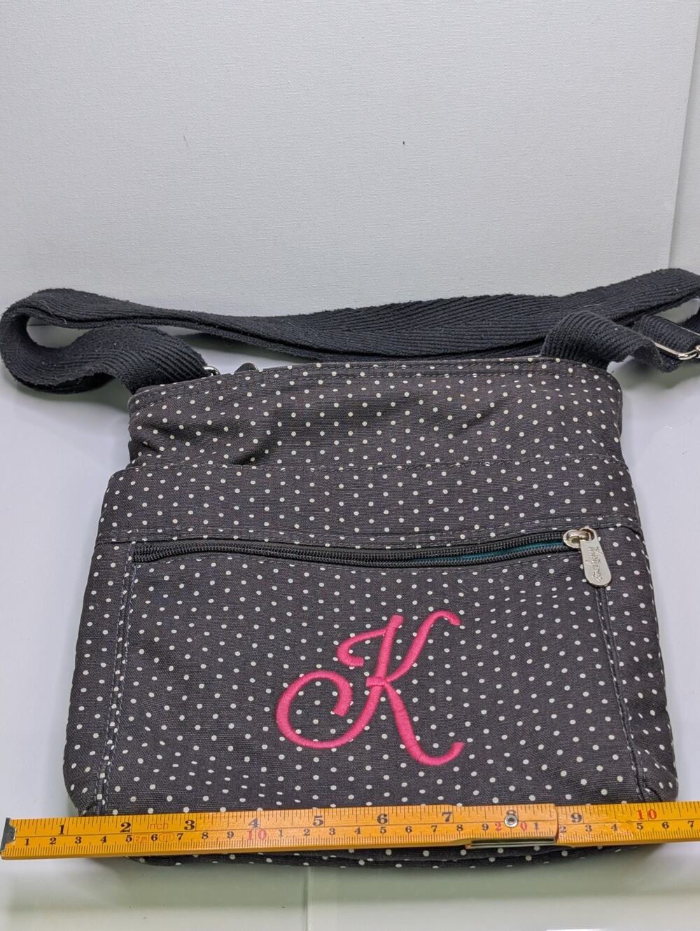 Thirty-One Gifts Crossbody Bag Gray Polka Dot Pink K Monogram Adjustable Strap